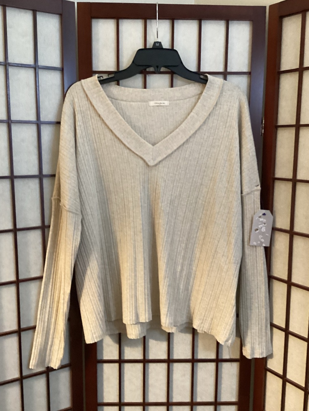 12 Pm By Mon Ami Ribbed V-Neck Sweater in Light Beige